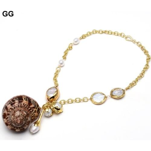 GG Freshwater White Keshi Pearl Gold Color Plated Chain Necklace Turbo Sarmaticus Pendant Necklace Hyperbole Style For Women