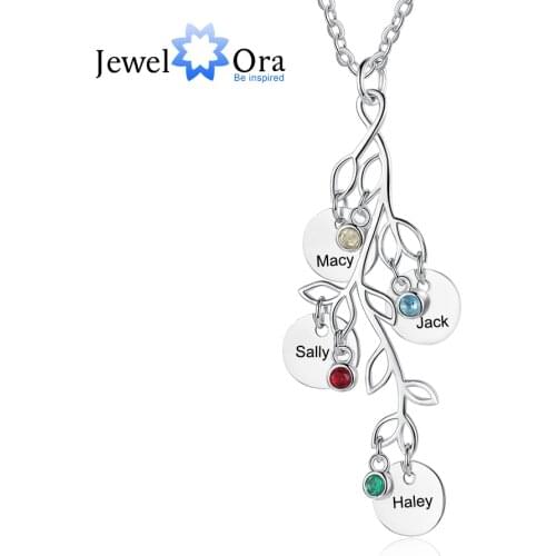 JewelOra Personalized Birthstone Family Tree Necklace Women Customized Name Engraved Pendant Necklaces Christmas Gift for Mother