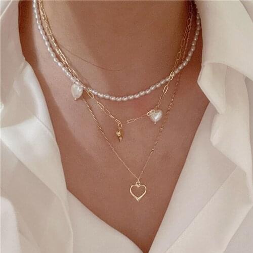 Origin Summer Multi-layer Asymmetry Simulation Pearl Pendant Necklace for Women Love Heart Metal Chain Beaded Necklace Jewelry