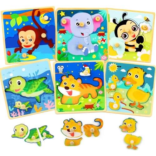 Montessori Wooden 3D Cartoon Vehicle Animal Jigsaw Puzzles for Kids Babies Children Theme Learning Educational Puzzle Boys Toys