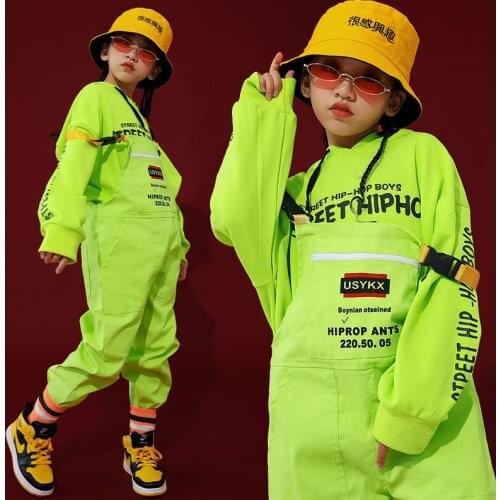 Hip-Hop Dance Costumes Kids Fluorescence Green Overall Hip Hop Pants Children Performance Street Wear School Girl Costume BI032