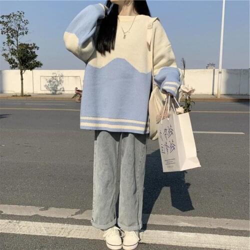 Japanese Style Hit Color Patchwork Knitted Pullovers Sweaters 2021 New Streetwear Oversize Sweater Kawaii Harajuku Jumpers