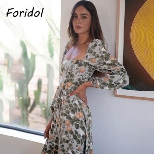 Foridol Long Sleeve Vintage Fruit Floral Print Summer Dress Women Casual Maxi Long Dress Female Elegant Boho Beach Vestidos