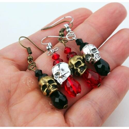 Skeleton Skull Earrings for Women Gothic Punk Red Black Crystal Beads Hanging Ear Rings Gift Wholesale Retro Jewelry VGE113