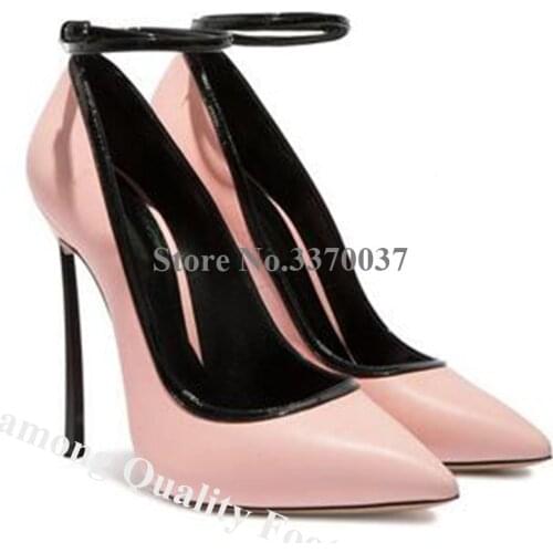 Linamong Newest Pointed Toe Metal Stiletto Heel Ankle Strap Pumps Brand Pointed Toe Pink White Brown 8cm 10cm 12cm High Heels