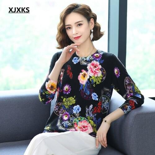 XJXKS 2021 autumn winter new women cashmere bottoming shirt comfortable round neck long-sleeved printed sweater women pullover