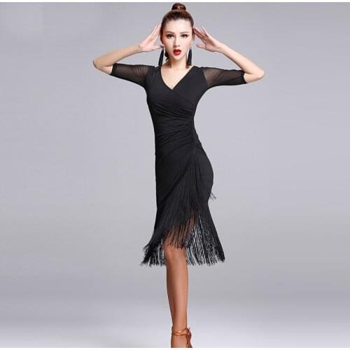 Black Latin Dance Dress Short-sleeve Latin Dance Tassel one-piece dress for women Ballroom tango Cha Cha Rumba Dancing Costumes