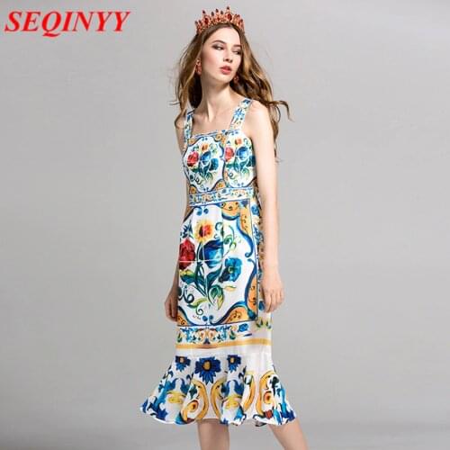 European Style Wide Slip Dress 2017 Summer Flowers Print Shirred Back Zipper Slime Mermaid & Trumpet Midi Dresses