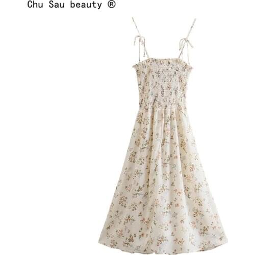 2021 Summer Women Romantic Floral Print Spaghetti Strap Lace-Up Bow-Knot Folds Elastic Waist Dress Women Vestido