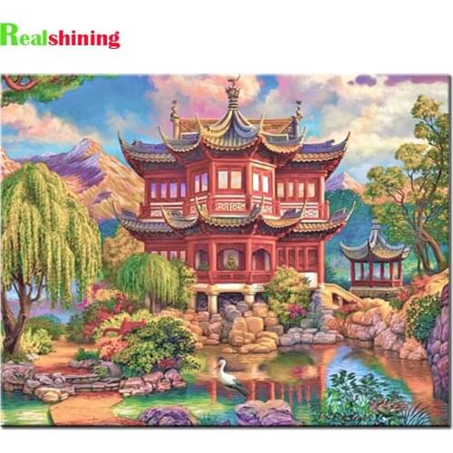 5D Diamond Painting Garden Lake House Landscape Cross Stitch Diamond Embroidery Full Square Drill Rhinestones Temple Gift N1714