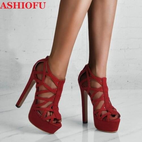 ASHIOFU Handmade New Ladies High Heel Sandals Real Picture Party Prom Sexy Platform Shoes Peep-toe Evening Fashion Sandals Shoes