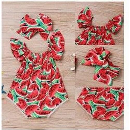 DHL 200set Baby Watermelon print short sleeve round neck Bodysuit + Bowknot Headband cotton casual summer set
