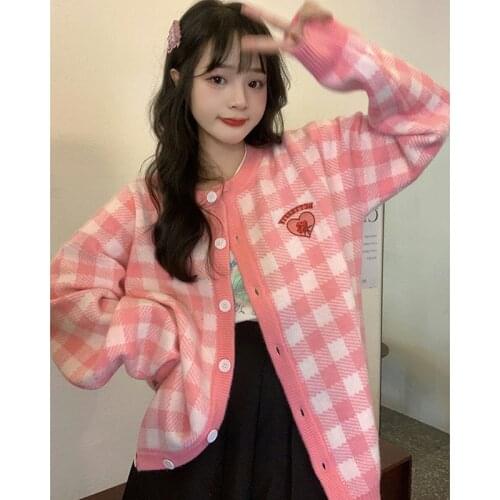 Knitted Cute Pink Cardigan women Retro Plaid Sweaters Autumn winter Korean Fashion Tops pullover Female Casual Kawaii Coats