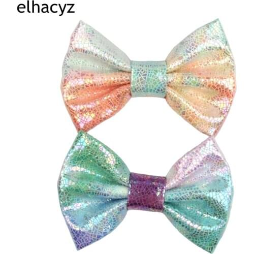 10pcs/lot Classical 4" Rainbow Glitter Leather Bow Hair Bow Barrette Children DIY Hair Accessories For Girls Women Hair Clip