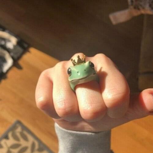 Crown Frog Ring For Women Animal Band Green Enamel Friends Girl Child Party Daily Jewelry Gift