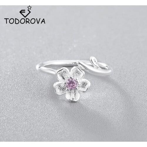 Todorova Resizable Open Flower Ring Female Romantic Purple Pink Crystal Cherry Blossoms Finger Rings for Women Lady Bijoux Gift