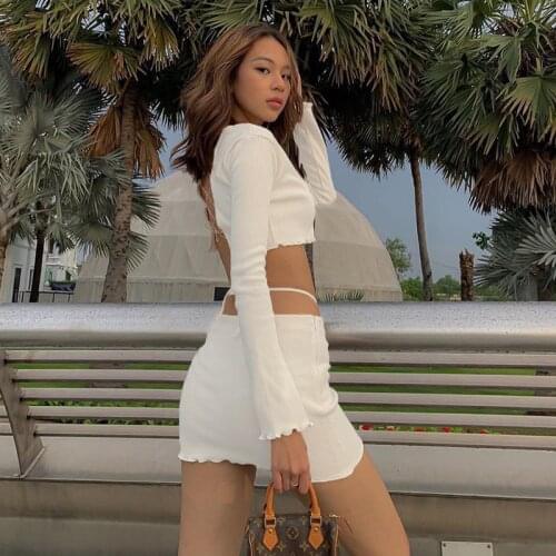 Summer Sexy Bandage Two Piece Set Women Solid Skirt Hollow Out Backless Top and Folds Design Mini Skirts Vacation Matching Sets