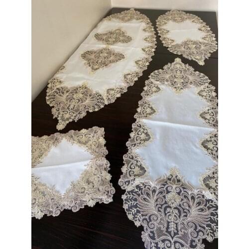 5 Parça Salon Takımı Linen Kumaş Fransız Dantelli