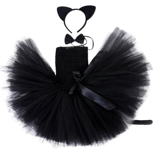 Cute Black Catgirl Tutu Dress Kids Baby Zoo Cat Cosplay Costume Halloween Purim Birthday Children Clothes Outfits Photo Props