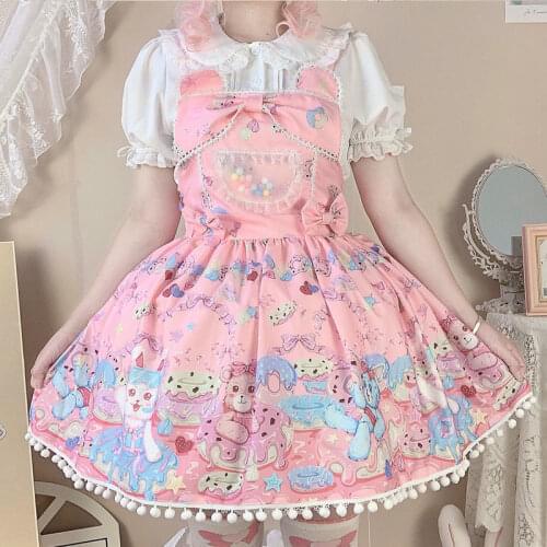 Sweet Lolita Milk Foam Pudding Print Lolita Cute JSK Strap Dress Women Summer Tea Party Princess Bowknot Dresses