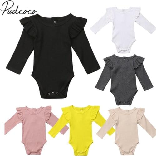 2020 Brand New Newborn Infant Kids Baby Girls Boys Autumn Causal Bodysuits Ruffles Long Sleeve Solid Warm Jumpsuits Outfit 0-24M