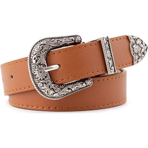 New Vintage Style Solid Color PU Leather Wide Belt For Jeans Pants Dress Ladies Belt With Western Buckle