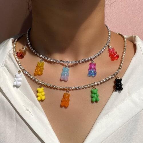 Fashion Colorful Gummy Jelly Bear Pendant Crystal Necklace for Women Girls Bling Rhinestone Tennis Chain Necklace Party Jewelry