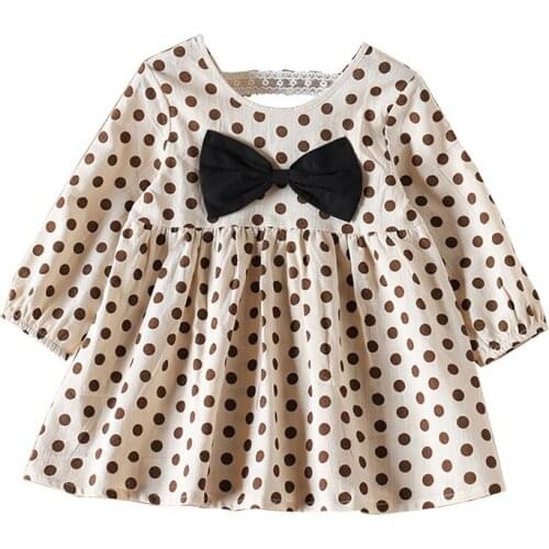 Spring 2020 New Long Sleeve Dress Girls Polka Dot Patterned Bow Dress Girl autumn and winter fashion cotton dress