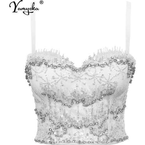 Sexy vintage White Sequin tank corset crop top women summer party bustier halter y2k top clubwear indie cropped tube womens tops