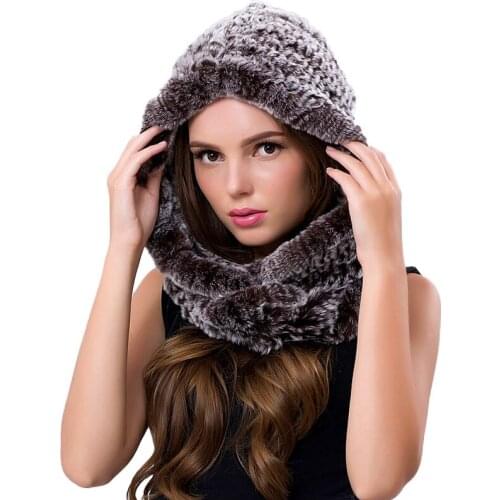Winter Scarves Fur With Genuine Fur Hats For Women New Luxury Fur Scarf Female Elegant Knit Real Rex Rabbit Fur Scarves Hooded