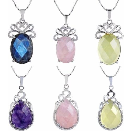SUNYIK Faceted Oval/Teardrop Gem stone Crystal Czech Charms Pendant Necklace (Free Chain)