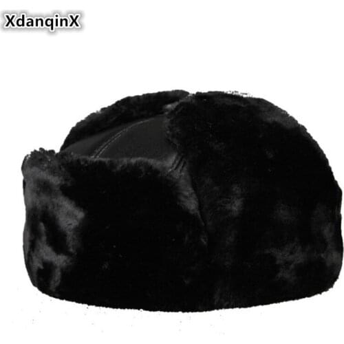 XdanqinX Winter Mens Warm Earmuffs Caps Genuine Leather Hat Sheepskin Leather Fur Bomber Hats Thick Thermal Elderly Hat Ski Cap