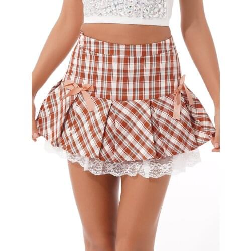 Womens Ladies High Waist Plaid Pleated Skirt Schoolgirl Cosplay Costume Cute Lace Trimming Bowknot Decor A-line Miniskirt