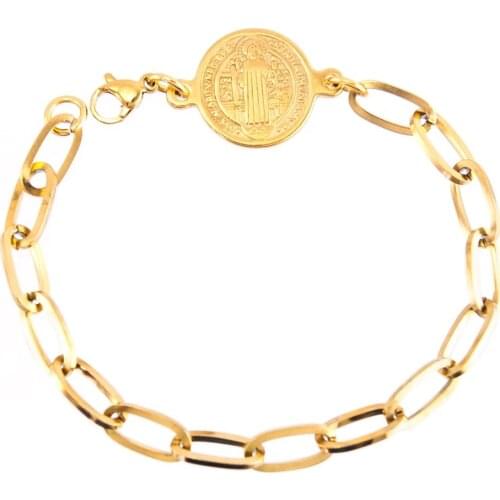 100% Stainless Steel Saint St Benedict Medalla Bracelet For Women Gold/Silver Color Metal St. Benedict Coin Pulseras Mujer