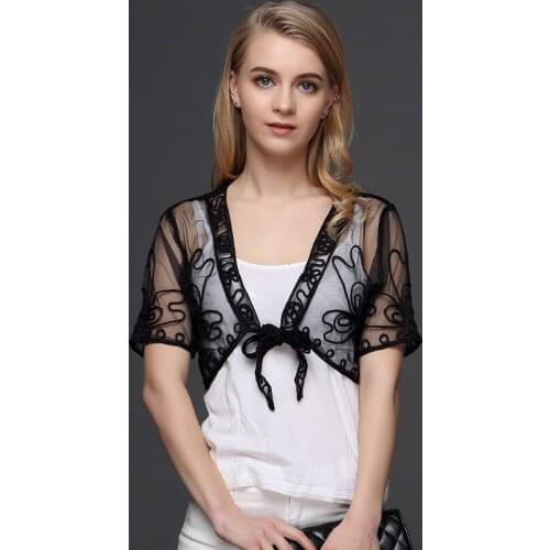 Summer Vintage V-Neck Short Sleeve Embroidery Lace Mesh Shrug Bolero Jacket Big Size Women See-Through Short Shawl Cardigan Top