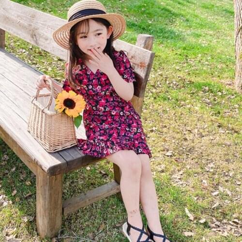 Summer Girls Dress Print V-Neck Short-Sleeved Pastoral Fashion Gentle Temperament Clothes