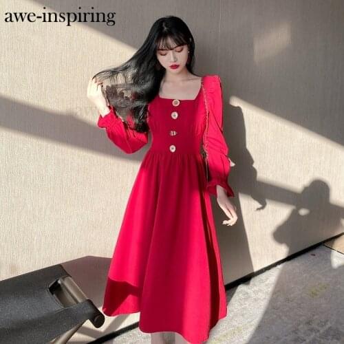 Awe-inspiring Plus size Dress large womens Square neck dress Korean Button long sleeve Casual black Midi red Sexy Dress Vestido