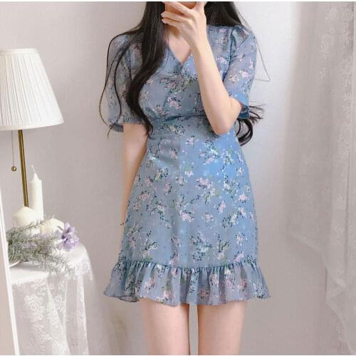 Floral ruffle party dress women v neck vestido white bandage elegant korean summer beach flower blanco robe femme elbise sukienk