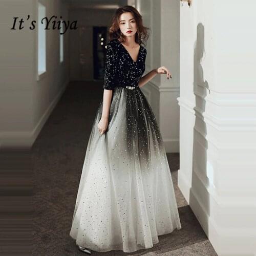 Its Yiiya Evening Dress For Women Gradient Black Shining Evening Dresses V-neck Formal Gowns Hafl Sleeve robe de soiree LF143