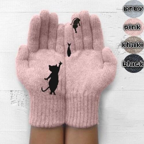 Fashion Winter Warm Cat and Fish Cashmere Gloves Thick Cartoon Wool Knitted Full Finger Gloves Men Women Soft Knitwear Mittens