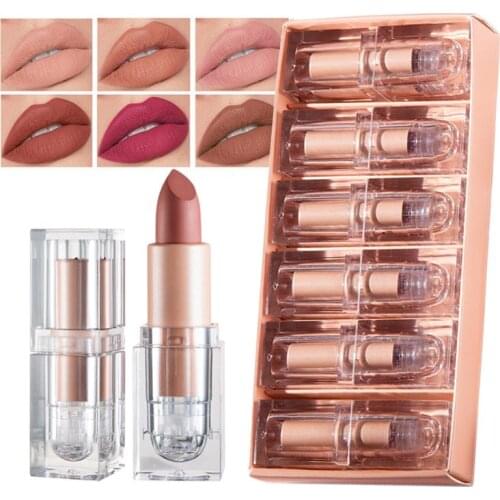 6 Pcs/set Matte Nude Lipstick Waterproof Long-lasting Non-stick Cup Lip Gloss Makeup Lips Sticks