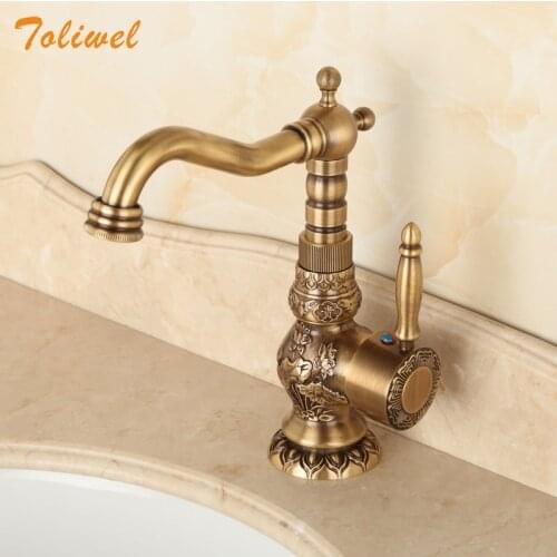 Antique Brass Bathroom Faucet Lavatory Vessel Sink Basin Mixer Tap Swivel Spout Hot Cold Water Lever Handle