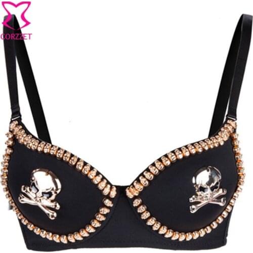 Black Gothic Bralette Gold Skull Stud Brassiere Sexy Bras For Womens Underwear Burlesque Push Up Bra Pirate Sujetador Lingerie