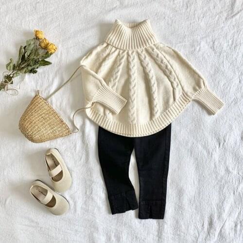 Kids Girl Solid Color Sweater Casual Beige Turtleneck Batwing Sleeves Cloak Knitted Pullovers for Winter/ Autumn Girl Wear 1-6Y