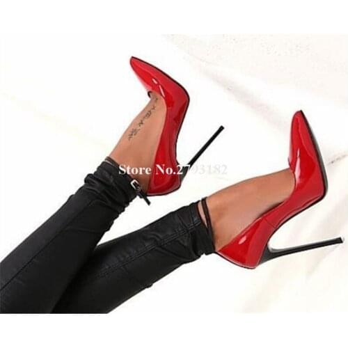 Brand Design Women Fashion Pointed Toe Patent Leather Stiletto Heel Pumps Ankle Strap Red Black High Heels Club Dress Shoes