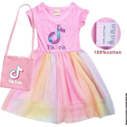 Tik Tok Summer Kids Girls Cotton T Shirt Gauze Patchwork Dress +Bag Children Baby Home Party Casual Clothes Dresses For Girls