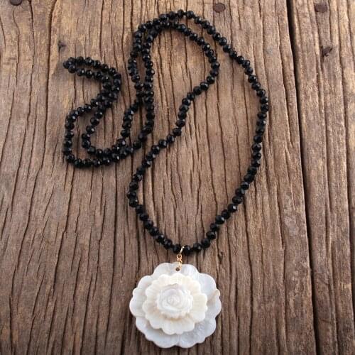 RH Fashion Bohemian Jewelry Accessory Beaded Necklace 6mm Glass Beads Knotted Shell Rose Flower Necklaces For Women Gift