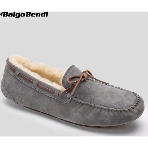 Men Cow Suede Leather Bowknot Super Warm Plush Loafers Casual Shearling Driving Car Shoes Winter Cotton Shoes 6 Colors