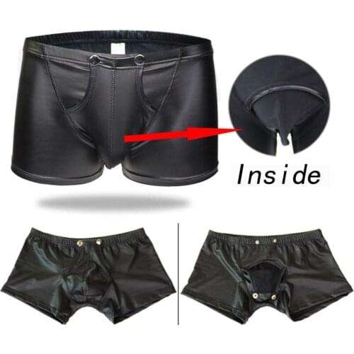 Men Faux Leathe Boxer Shorts Patent Leather Low Waist Body Shaping Physiology U Convex Design Open U Crotch Soft Sexy Underwear