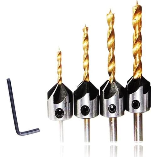 Hot 4 PCS Titanium Coated Countersink Drill Bit Set Woodworking Carpentry Reamer Tool Set with Hex Key Wrench